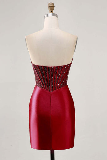 Sparkly Fuchsia Strapless Short Tight Corset Satin Homecoming Dress