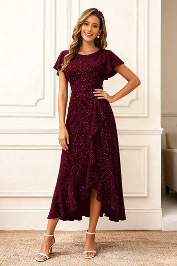 Glitter Black Round Neck A Line Long Holiday Party Dress with Sleeves