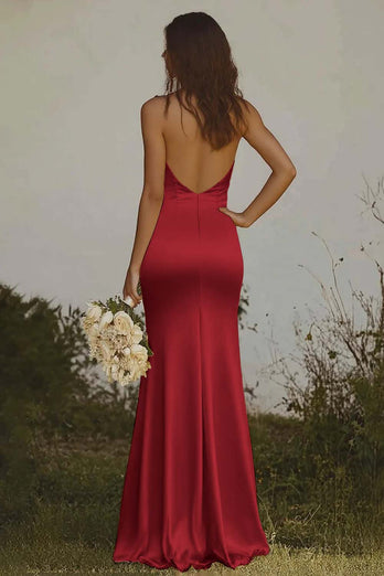 Light Yellow Sheath Halter Long Satin Bridesmaid Dress