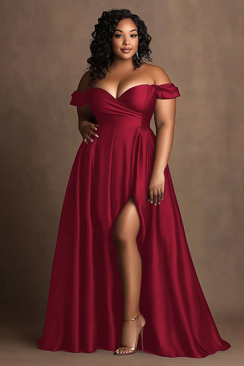 Load image into Gallery viewer, Queendancer Women Navy Plus Size Long Formal Dress with Slit Off the Shoulder Satin A Line Sweetheart Party Dress