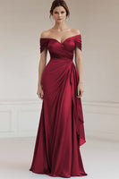 Load image into Gallery viewer, Grey Blue Off the Shoulder Sheath Satin Long Formal Dress