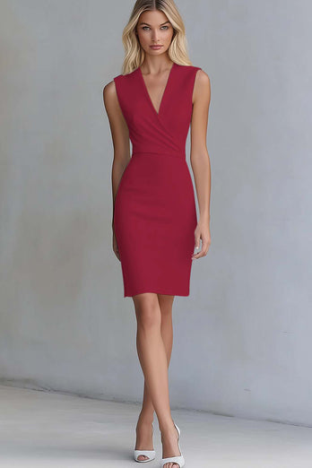 Queendancer Women Ivory Satin Short Work Dress Bodycon V-Neck Sleeveless Semi Formal Dress