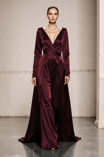 Peacock Green Satin V-Neck A Line Long Sleeves Formal Dress