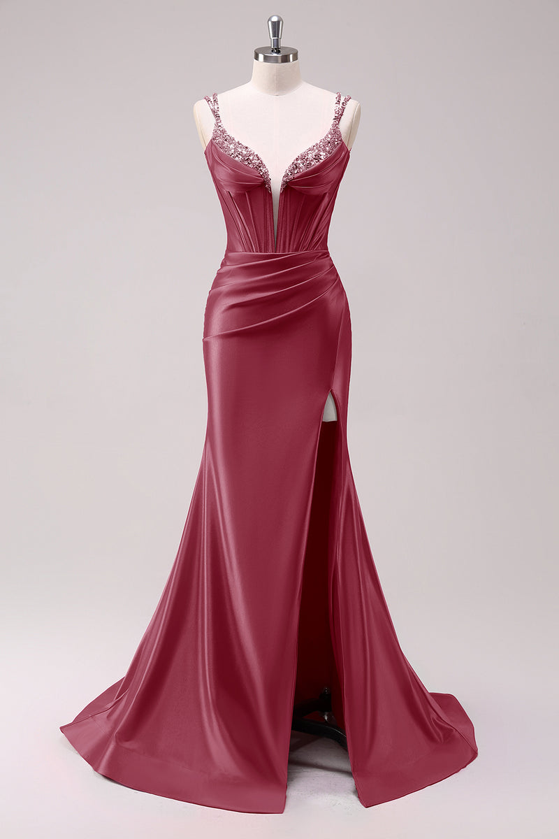 Load image into Gallery viewer, Sparkly Black Corset Spaghetti Straps Prom Dress with Slit