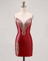 Load image into Gallery viewer, Red Satin Strapless Tight Short Homecoming Dress with Rhinestones