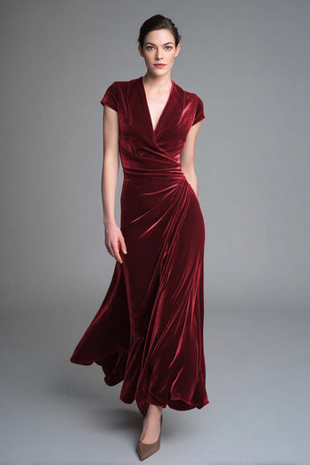 Caramel Velvet V Neck Ruched Long Holiday Party Dress with Sleeves