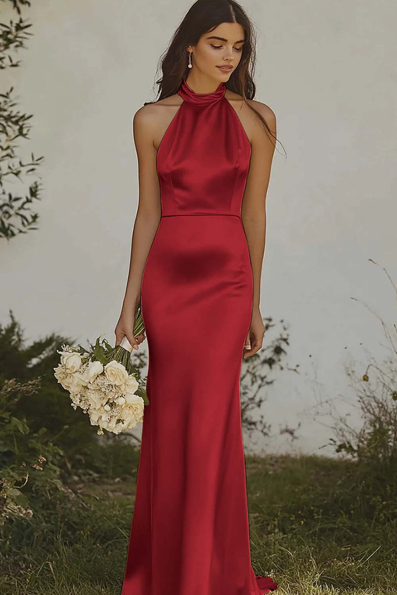Load image into Gallery viewer, Light Yellow Sheath Halter Long Satin Bridesmaid Dress