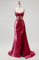 Load image into Gallery viewer, Sparkly Champagne Mermaid Spaghetti Straps Ruched Long Prom Dress with Beading