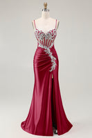 Load image into Gallery viewer, Sparkly Grey Pink Satin Mermaid Ruched Long Corset Prom Dress with Slit