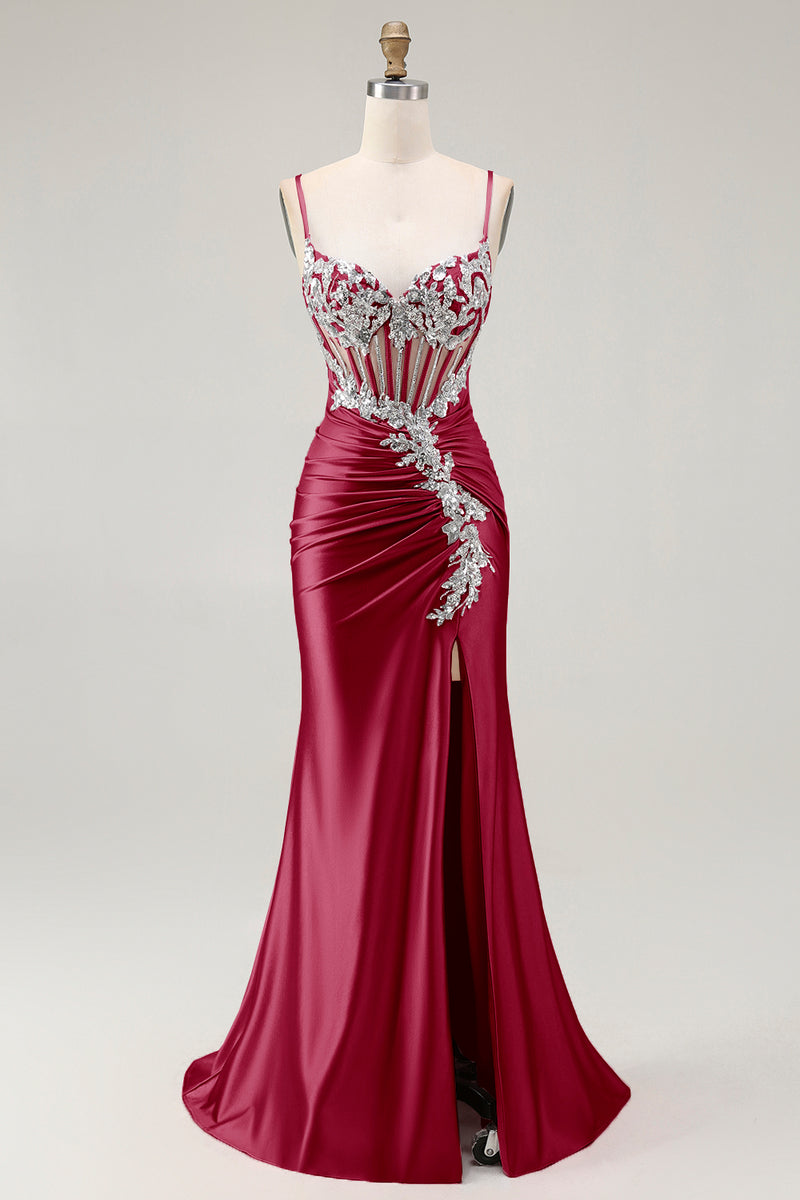 Load image into Gallery viewer, Sparkly Grey Pink Satin Mermaid Ruched Long Corset Prom Dress with Slit