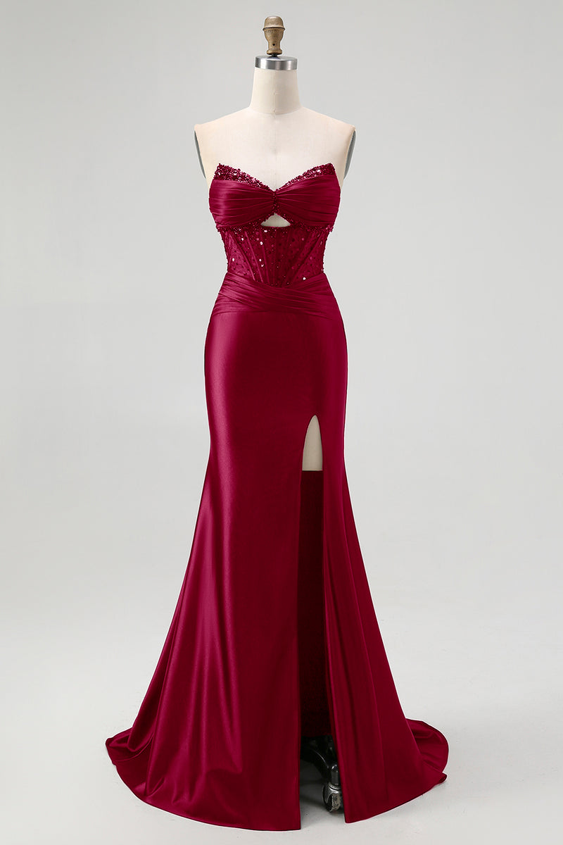 Load image into Gallery viewer, Sparkly Black Mermaid Satin Sweetheart Long Corset Prom Dress with Slit