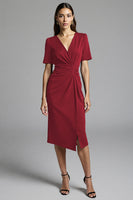 Load image into Gallery viewer, Navy Bodycon Satin V-Neck Midi Work Dress with Sleeves