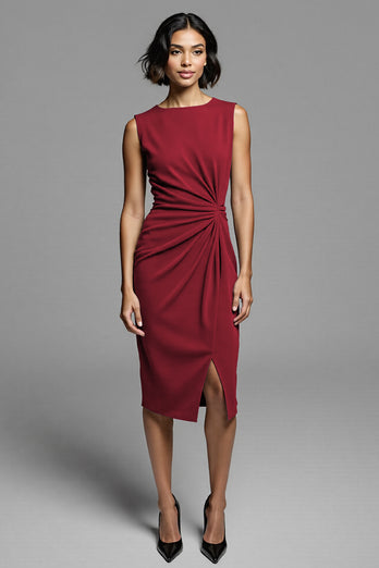 Grey Bodycon Satin Ruched Midi Work Dress with Slit