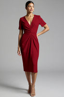 Load image into Gallery viewer, Champagne Bodycon V-Neck Midi Satin Work Dress with Sleeves