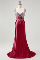 Load image into Gallery viewer, Sparkly Blush Spaghetti Straps Satin Mermaid Beaded Long Corset Prom Dress