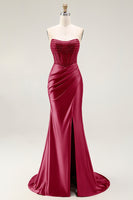 Load image into Gallery viewer, Sparkly Blush Strapless Ruched Mermaid Satin Long Prom Dress with Slit