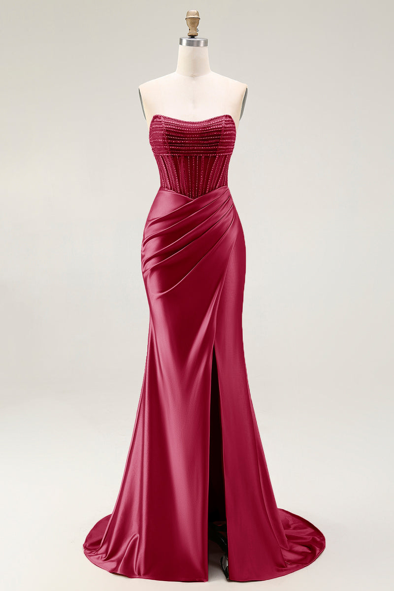 Load image into Gallery viewer, Sparkly Blush Strapless Ruched Mermaid Satin Long Prom Dress with Slit