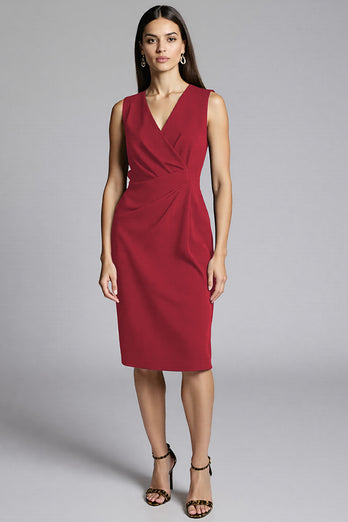 Navy Satin Bodycon V-Neck Midi Work Dress