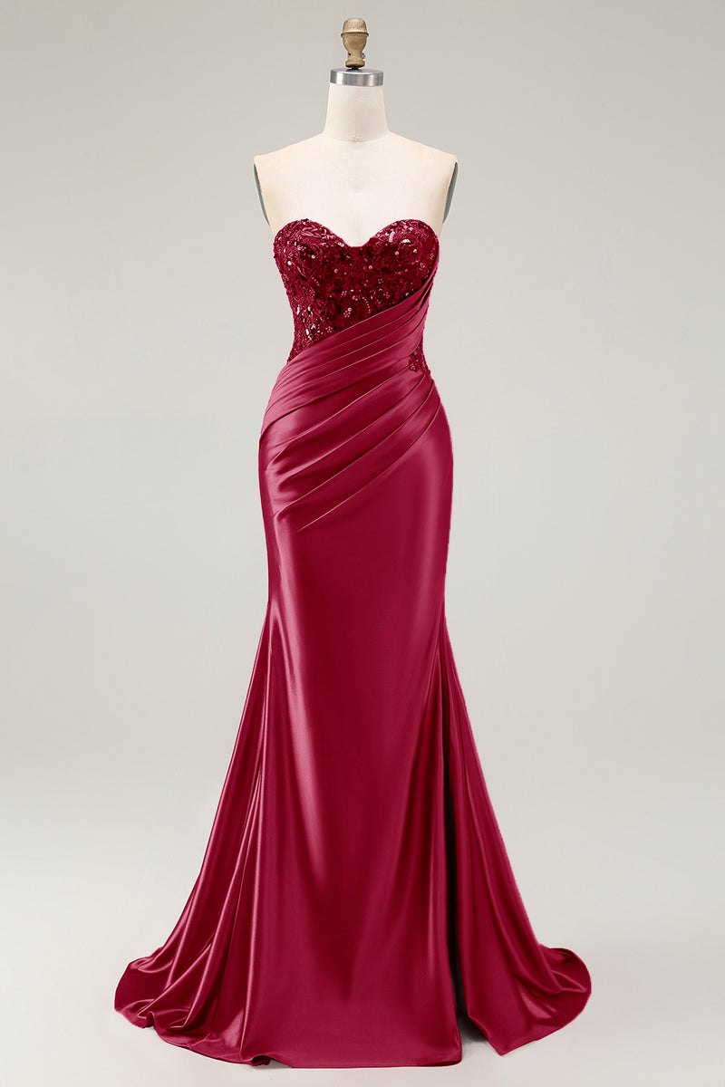 Load image into Gallery viewer, Sparkly Red Satin Mermaid Sweetheart Long Prom Dress with Sequins