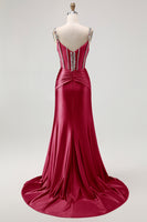 Load image into Gallery viewer, Sparkly Blush Spaghetti Straps Satin Mermaid Beaded Long Corset Prom Dress