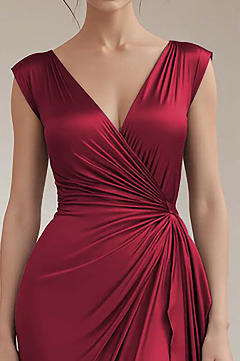 Load image into Gallery viewer, Grey Blue V-Neck Sheath V-Neck Long Satin Formal Dress with Ruffles