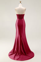 Load image into Gallery viewer, Sparkly Blush Strapless Ruched Mermaid Satin Long Prom Dress with Slit