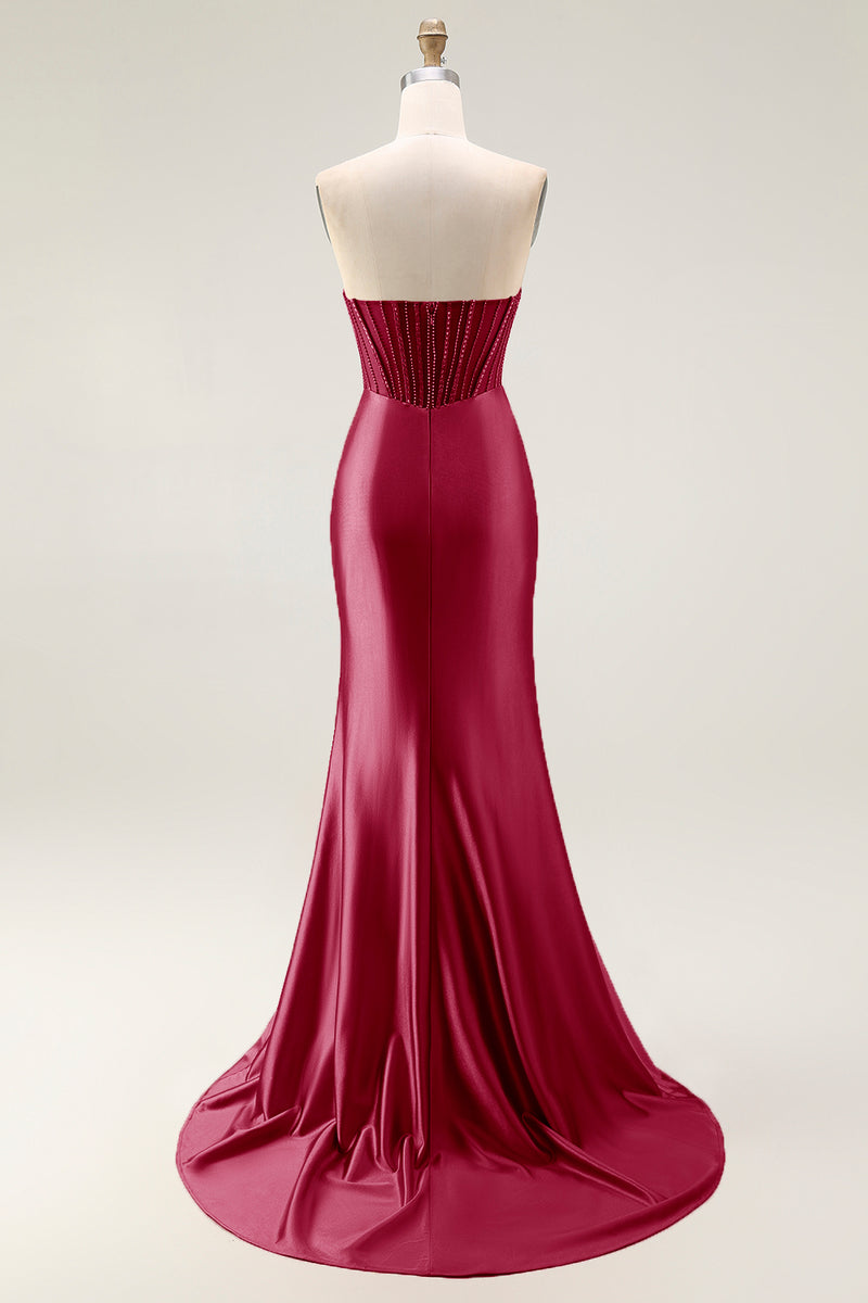 Load image into Gallery viewer, Sparkly Blush Strapless Ruched Mermaid Satin Long Prom Dress with Slit