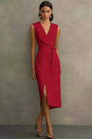 Load image into Gallery viewer, White Bodycon Satin V-Neck Mid-Calf Semi Formal Dress with Slit