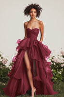 Load image into Gallery viewer, Queendancer Women Green Chiffon Long Formal Dress with Slit Strapless Tiered Sweetheart Ruched Prom Dress with Ruffles