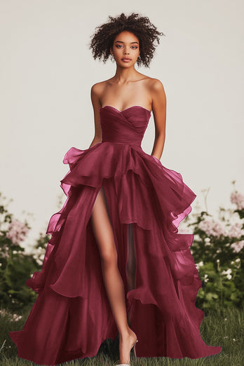 Green Ruched Tiered Strapless Long Formal Dress with Slit
