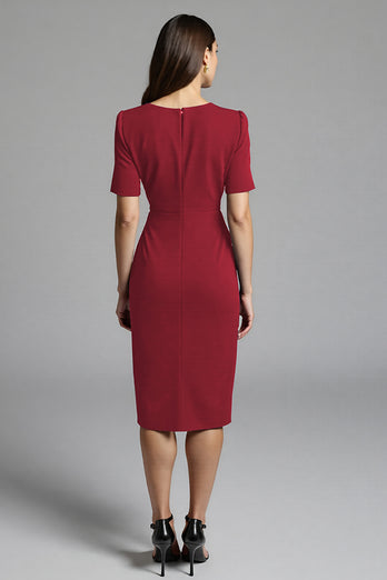 Navy Bodycon Satin V-Neck Midi Work Dress with Sleeves