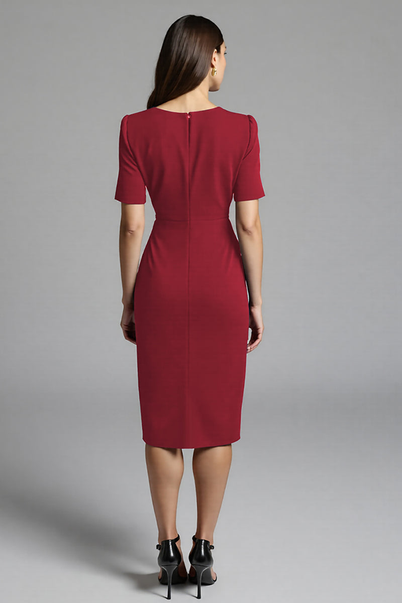 Load image into Gallery viewer, Navy Bodycon Satin V-Neck Midi Work Dress with Sleeves
