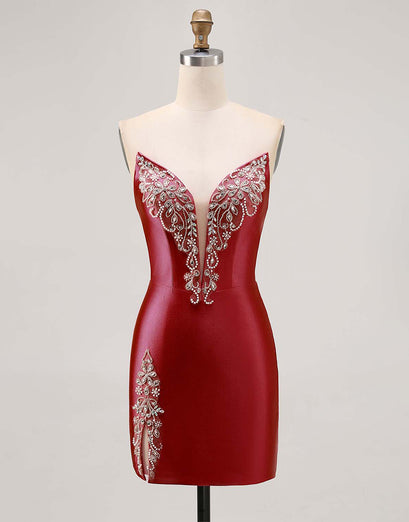 Sparkly Fuchsia Satin Strapless Tight Short Homecoming Dress with Rhinestones