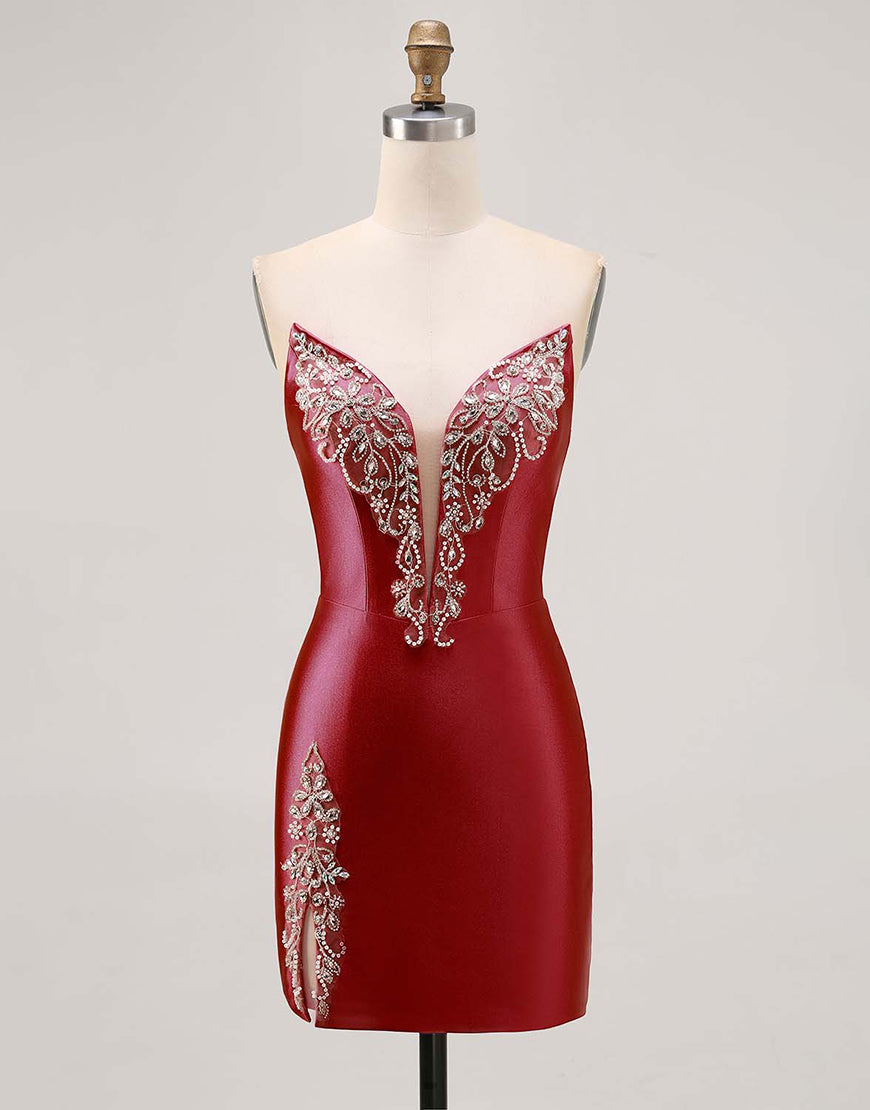 Load image into Gallery viewer, Sparkly Fuchsia Satin Strapless Tight Short Homecoming Dress with Rhinestones