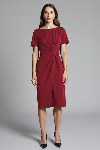 Royal Blue Bateau Neck Bodycon Ruched Midi Satin Work Dress