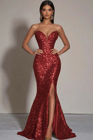 Load image into Gallery viewer, Sparkly Strapless Gold Mermaid Long Sequins Formal Dress with Slit