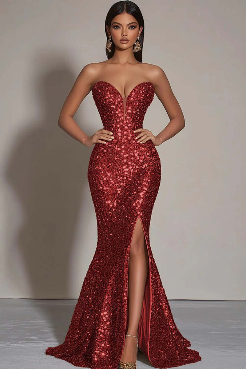 Load image into Gallery viewer, Sparkly Strapless Gold Mermaid Long Sequins Formal Dress with Slit