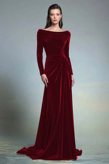 Dark Green Velvet Sheath Boat Neck Long Sleeves Formal Dress