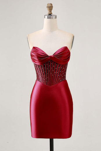 Sparkly Fuchsia Strapless Short Tight Corset Satin Homecoming Dress