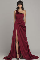 Load image into Gallery viewer, Satin Peacock A Line One Shoulder Long Formal Dress with Slit