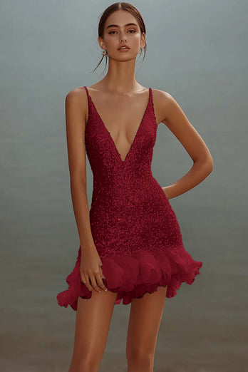 Sparkly White Bodycon Sequins V-Neck Graduation Dress