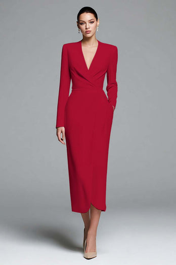 Ivory Satin Sheath V-Neck Long Sleeves Work Dress