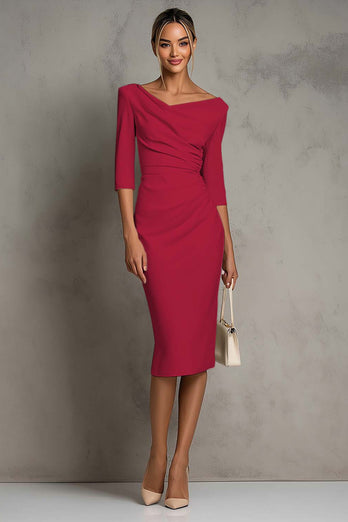 Simple Ivory Ruched Pencil Half Sleeves Midi Work Dress with Slit