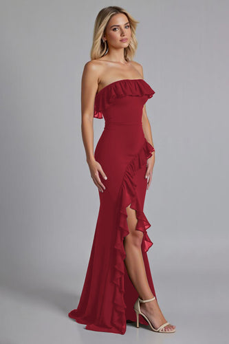 Chiffon Burgundy Ruffled Sheath Long Formal Dress with Slit