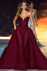 Load image into Gallery viewer, Sparkly Dark Red A Line Satin Strapless Sequin Long Pageant Dress with Cape