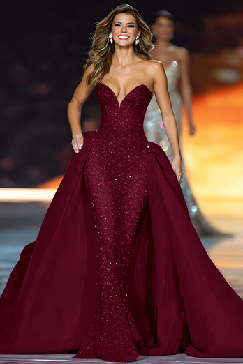 Sparkly Dark Red A Line Satin Strapless Sequin Long Pageant Dress with Cape
