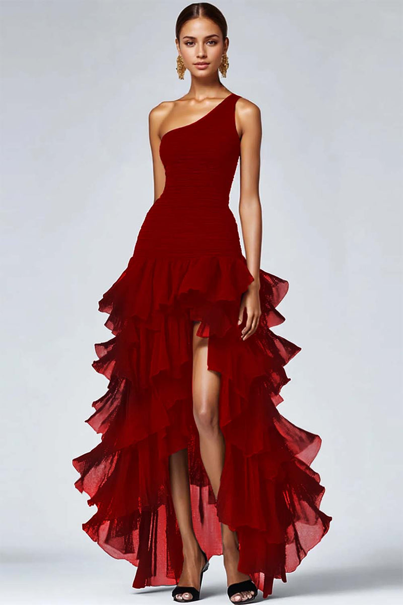 Load image into Gallery viewer, Black Organza One Shoulder High Low Formal Dress with Ruffles