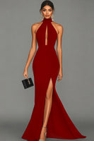 Load image into Gallery viewer, Black Satin Mermaid High Neck Keyhole Long Formal Dress with Slit