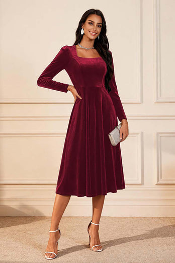 Glitter Dark Green Velvet A Line Midi Holiday Party Dress with Sleeves