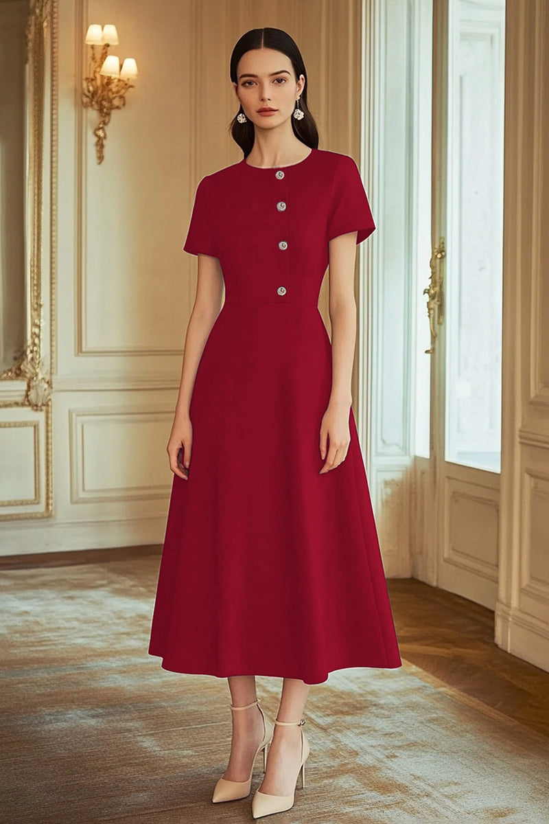 Load image into Gallery viewer, Navy A Line Mid-Calf Semi Formal Dress with Sleeves